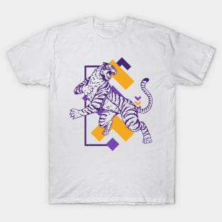 Retro Purple & Gold Tiger on the Attack // Vintage Geometric Shapes Background T-Shirt